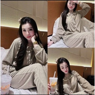  Set Bộ Đồ NGủ Mặc NHà Len Tăm Lông Thỏ Áo Cài Cúc Cổ Sen Bèo Viền Ren Trắng Dây Nơ Mix Quần Dài Ống Rộng 