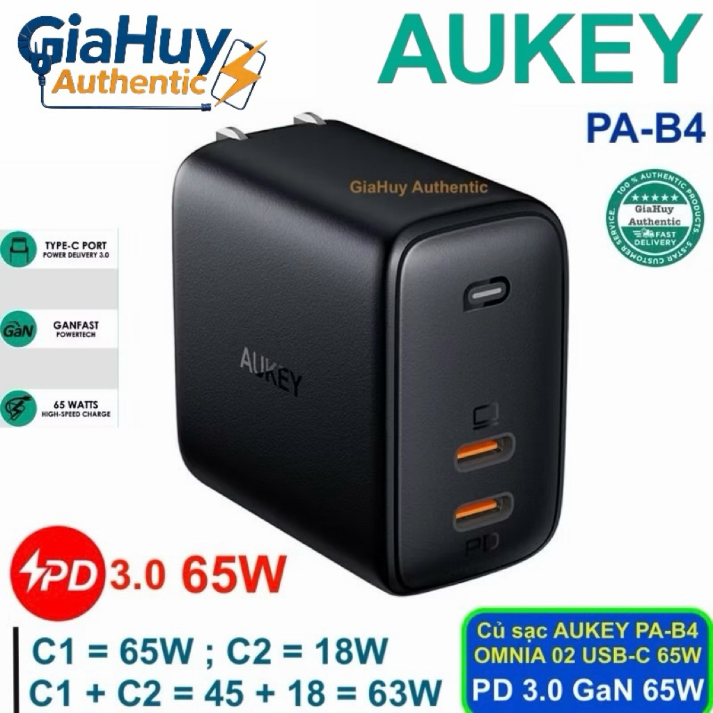 Củ sạc nhanh AUKEY PA-B4 OmniaChip 65W GaN 02 USB-C (1C PD 65W & 1C PD 18W)