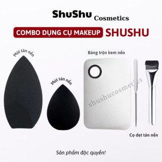   COMBO  Bộ Dụng Cụ Đánh Nền Makeup Cơ Bản Đầy Đủ Set 2 Mút Cọ Dẹt Tán Nền Khay Tán NềnSHUSHU COSMETCS 