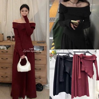  METWO. - Set áo len trơn mịn trễ vai kiểu dài tay vạt chéo đính hoa nổi QC kèm chân váy xoè dài midi ulzzang tiểu thư HQ 