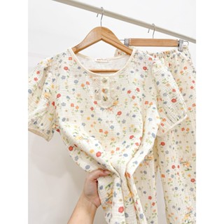   ẢNH THẬT  Set Đồ Bộ Nữ Cổ Tròn -  Đồ ngủ mặc nhà tay bồng nhẹ chất liệu Xô Muslin - Bình Châu Pijama 