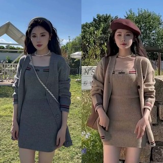  METWO. - Set váy len ngắn 2 dây tag logo ALO dáng ôm body QC kèm áo khoác cardigan FORM RỘNG ulzzang tiểu thư Hàn Quốc 