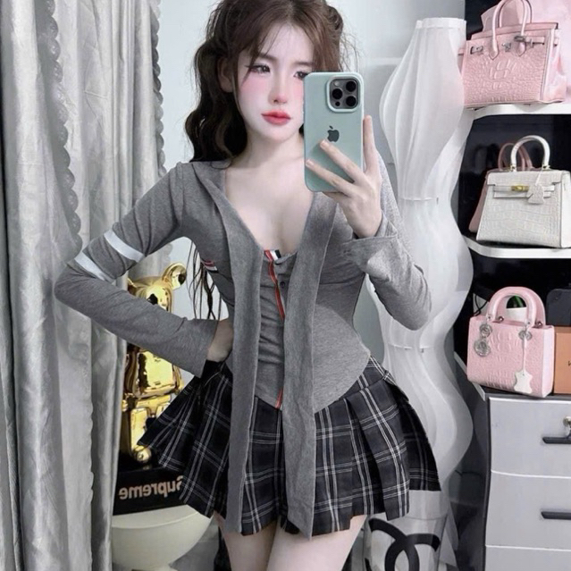 Set áo thom tay dài cv kẻ cv có lót bí áo chất borip