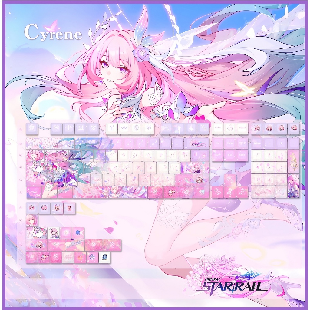 Keycap Honkai: Star Rail Cyrene thick PBT xuyên led in dyesub 5 mặt 133 phím anime layout keycaps Genshin Impact