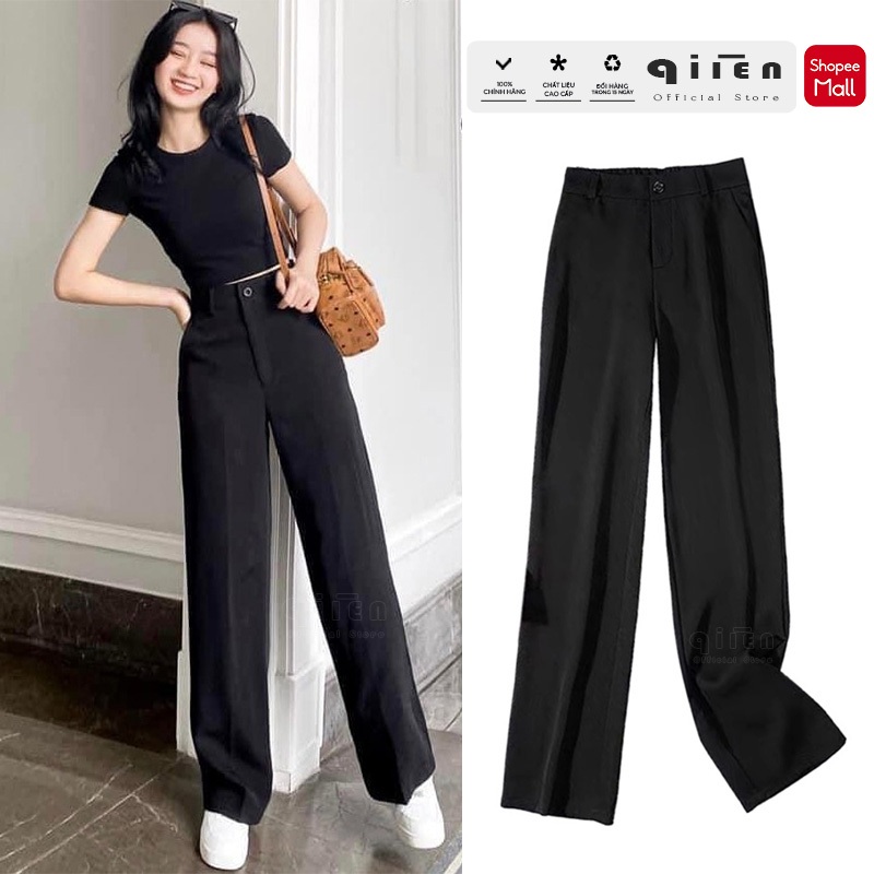 Quần Ống Suông Cạp Cao QIIEN, Quần Ống Rộng Nữ Khóa Trước, Vải Cao Cấp Xuất Hàn CV026