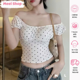 Áo Thun Nữ Chấm Bi Tay Phồng Nhún Ngực Viền Chun NHẹ Nhàng Nữ Tính Chất Thun Cotton Co Giãn Meei Shop, Áo Kiểu Nữ Basic