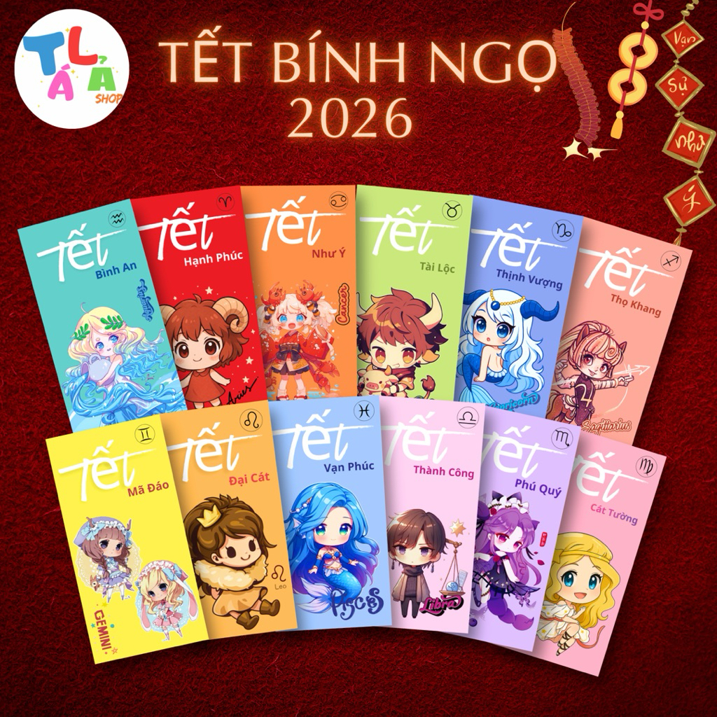 {MẪU ĐỘC QUYỀN} SÉT 12 Cái 12 Mẫu Lì Xì Cung Hoàng Đạo Chibi Dễ Thương Tết 2026,Màu Pastel Ngọt Ngào