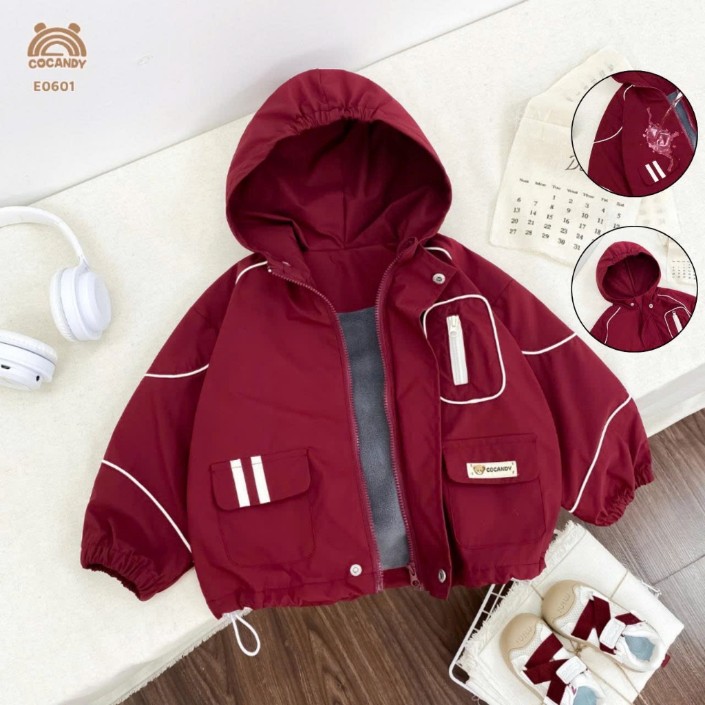 [COCANDY] -Áo khoác gió ĐỎ phối BE lót lông túi ngực logo COCANDY mã E0601