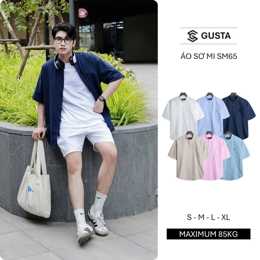 Áo Sơ Mi Nam Ngắn Tay Gusta Vải Oxford Chống Nhăn Cổ Tàu Dáng Regular Phong Cách Basic SM65