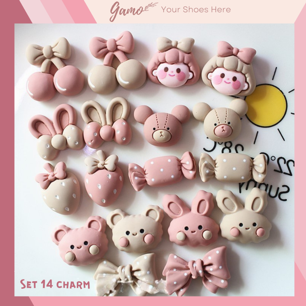 Bộ 14 Sticker, Charm 3D Cross chủ đề Vintage DIY nhựa cứng gắn Dép Sục, Cá Sấu Gamo JB-52