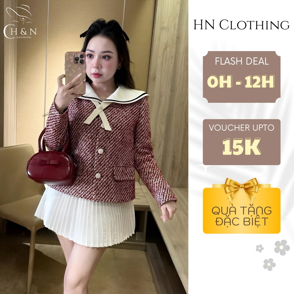Áo khoác dạ tweed cổ thủy thủ phối nơ sang xịn Form chuẩn, lên dáng xinh miễn chê HN Clothing A15