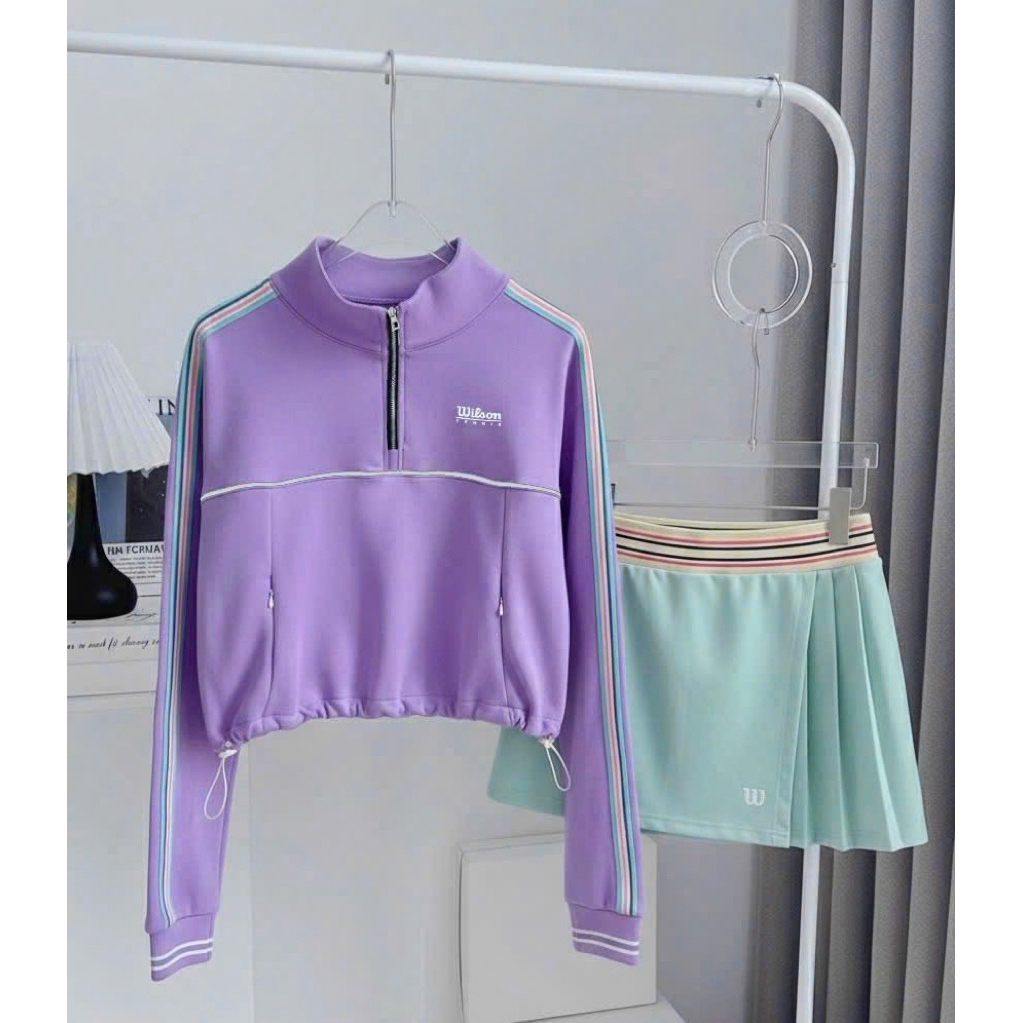 🎾[Hàng loại 1] Set Đồ Tập Pickleball Wilson Nữ Áo Dài Tay Zip + Chân Váy A Tennis Cao Cấp – Đồ Thể T