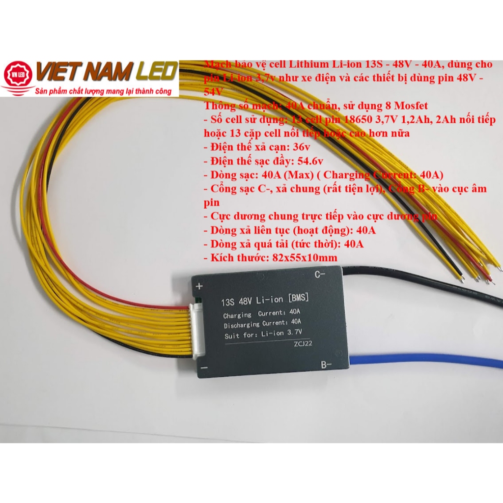 Mạch bảo vệ cell Lithium Li-ion BMS 13S-48V-40A, dùng cho pin Li-ion 3,7v như xe điện và các thiết b