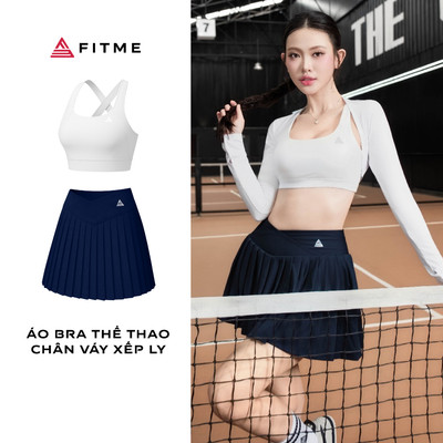 Bộ đồ Pickleball, cầu lông, tennis nữ Fitme GLOW áo bra trắng, chân váy xếp ly navy có sẵn quần bảo hộ