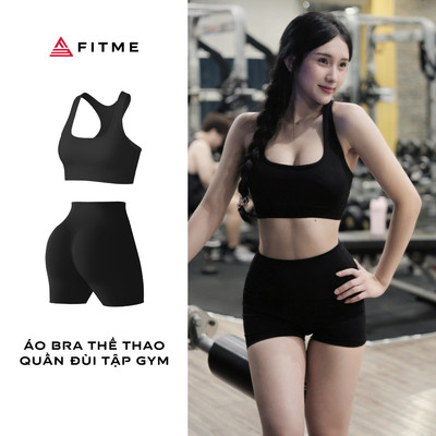 Bộ đồ tập gym yoga nữ Fitme GLOW áo bra, quần đùi đen thấm hút mồ hôi tôn dáng
