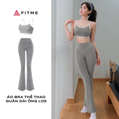 Bộ đồ tập pilates yoga nữ Fitme áo bra glow, quần ống loe dark grey thoáng khí thấm hút mồ hôi
