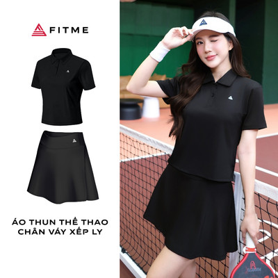 Bộ đồ Pickleball, cầu lông, tennis nữ Fitme áo polo, chân váy suông đen có sẵn quần bảo hộ