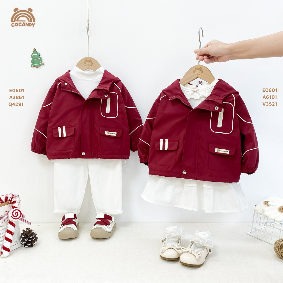 Áo khoác cho bé COCANDY -Áo khoác gió ĐỎ phối BE lót lông túi ngực logo COCANDY E0601
