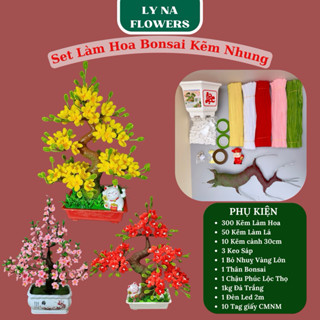 Set Làm Hoa Bonsai Kẽm Nhung Đủ Phụ Kiện - Hoa Đào Đỏ Hoa Mai Hoa Hồng Phai 