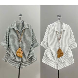  Set Bộ Bigsize Nữ Kẻ Sọc Áo Sơ Mi Dài Tay Kèm Quần Đùi Ngắn Vải Linen Trẻ Trung - SET865 