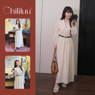  Đầm maxi Chililuu váy maxi dáng dài cổ V chiết eo tay dài phong cách tiểu thư thanh lịch 