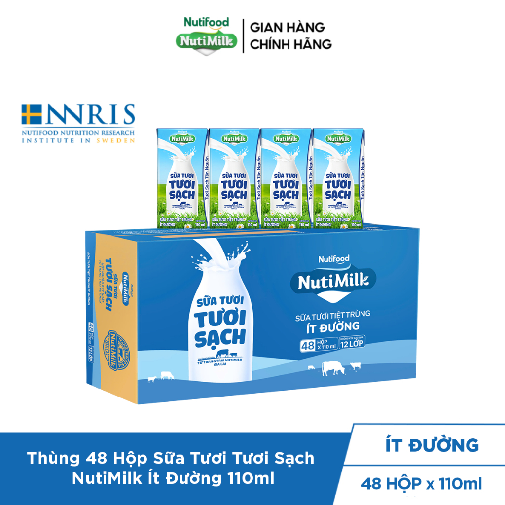 Thùng 48 Hộp Sữa Tươi Tươi Sạch NutiMilk Ít Đường 110ml