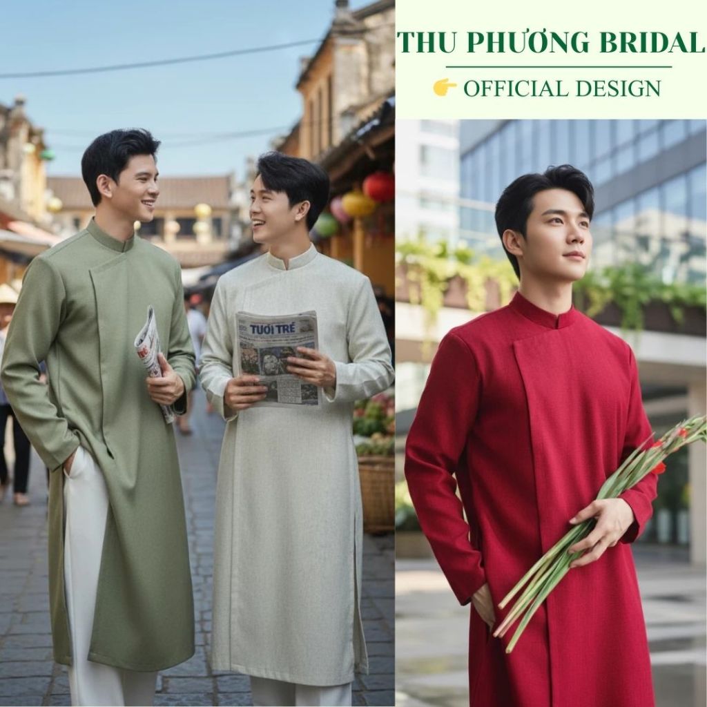 Áo dài cách tân NAM trơn cúc cài ẩn vải lụa mềm tông màu trẻ trung mặc chụp ảnh, lễ tết, cưới hỏi