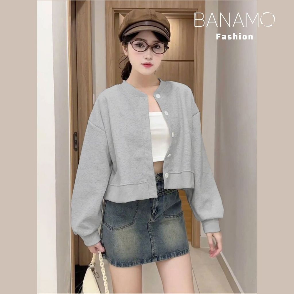 Áo khoác nữ BIGISZE Banamo Fashion áo nỉ croptop cúc cài bo viền 3941 | BigBuy360 - bigbuy360.vn