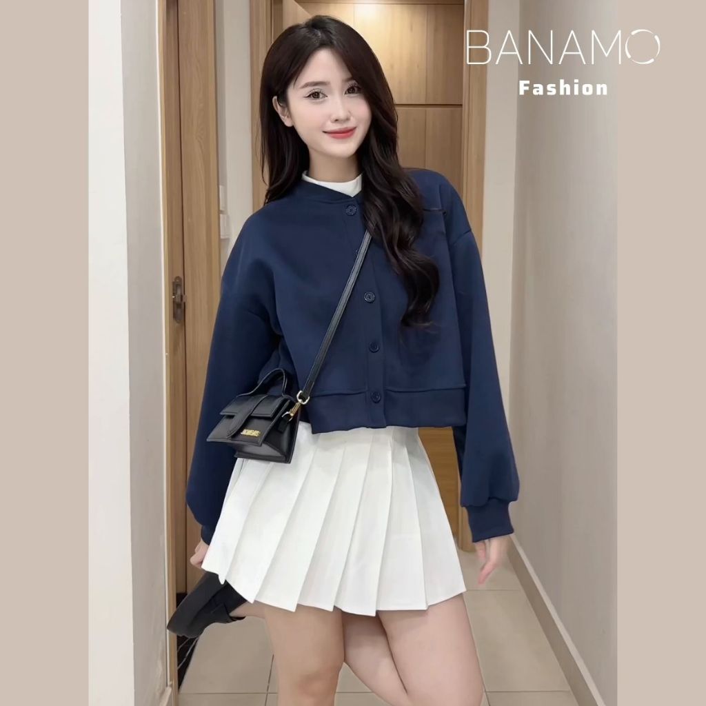 Áo khoác nữ BIGISZE Banamo Fashion áo nỉ croptop cúc cài bo viền 3941 | BigBuy360 - bigbuy360.vn