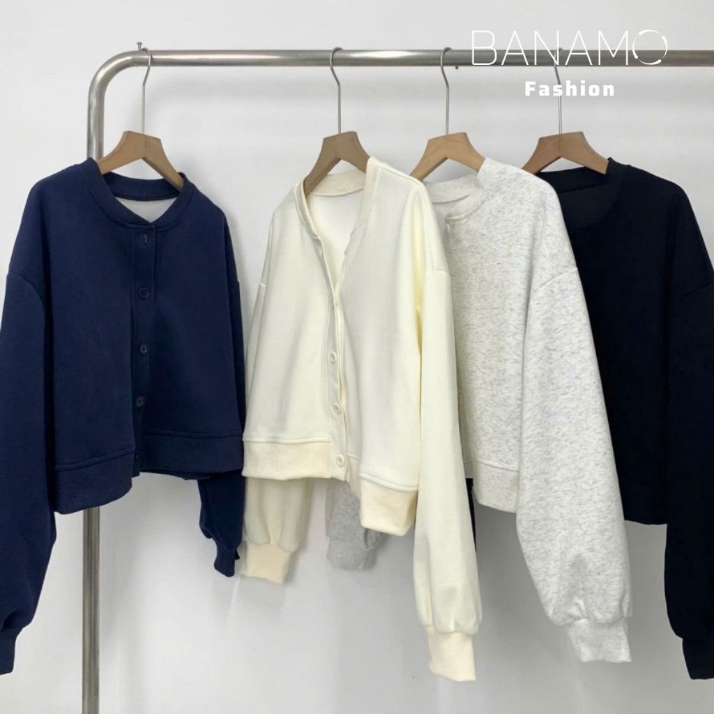 Áo khoác nữ BIGISZE Banamo Fashion áo nỉ croptop cúc cài bo viền 3941 | BigBuy360 - bigbuy360.vn