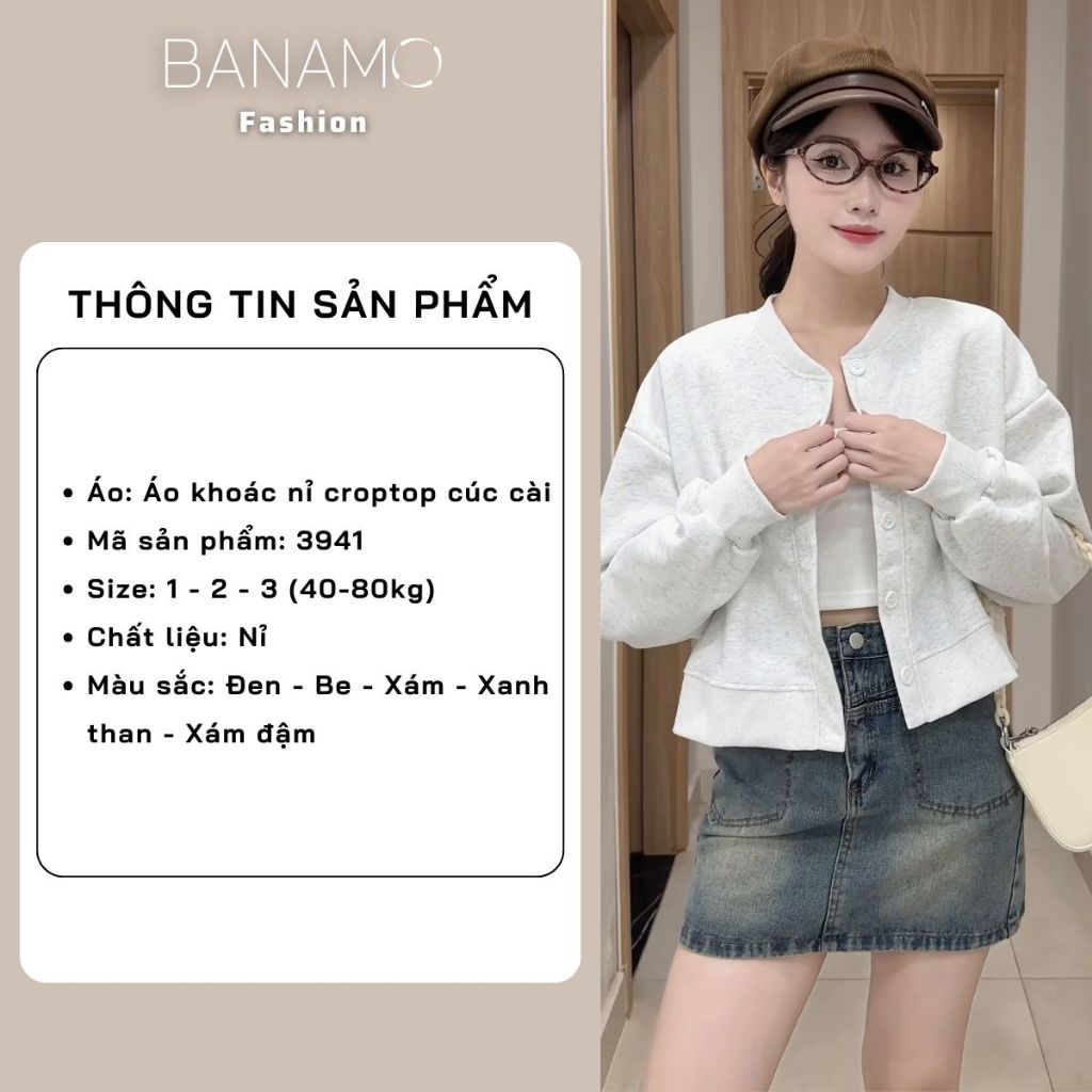 Áo khoác nữ BIGISZE Banamo Fashion áo nỉ croptop cúc cài bo viền 3941 | BigBuy360 - bigbuy360.vn