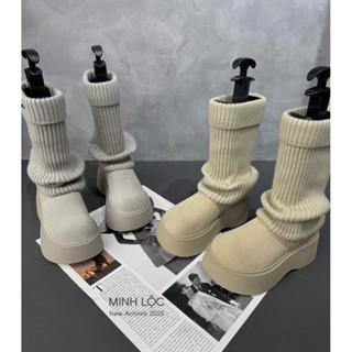 Giày Bốt tất nữ da lộn cổ len dạng xỏ đế cao 7 cm tăng chiều cao phong cách hiện đại Hàn Quốc Giày Nhiên Mộc