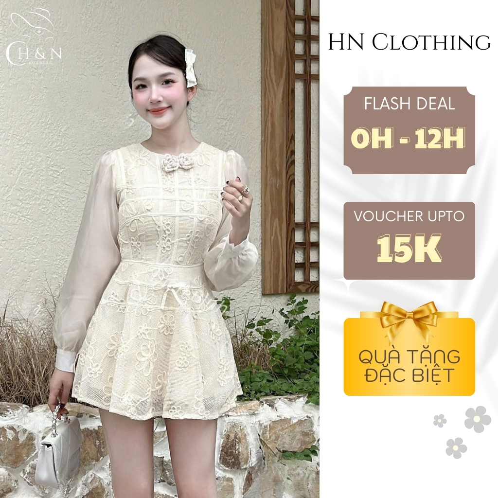 Đầm ren nữ dáng xòe tiểu thư sang trọng thiết kế tay dài phối hoa nổi thanh lịch HN Clothing V329