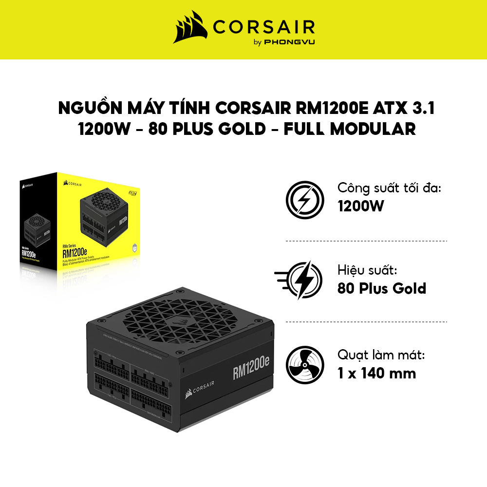 Nguồn Máy Tính Corsair RM1200e - 1200W - 80 Plus Gold, ATX 3.1, PCIe 5.1 - Bảo Hành 84 Tháng
