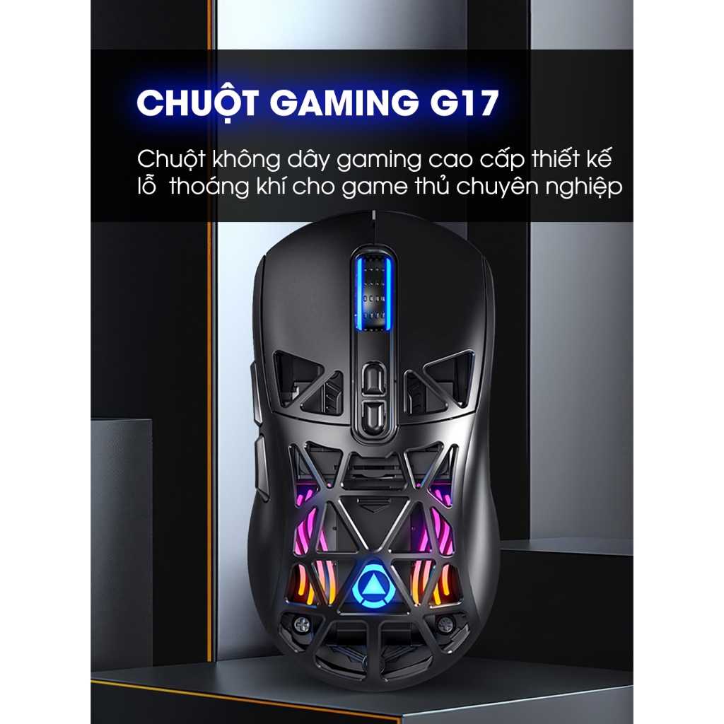 Chuột gaming không dây G17 bluetooth pin sạc nhẹ có lỗ chip PMW3325 3 mode wirless 2.4g RGB .