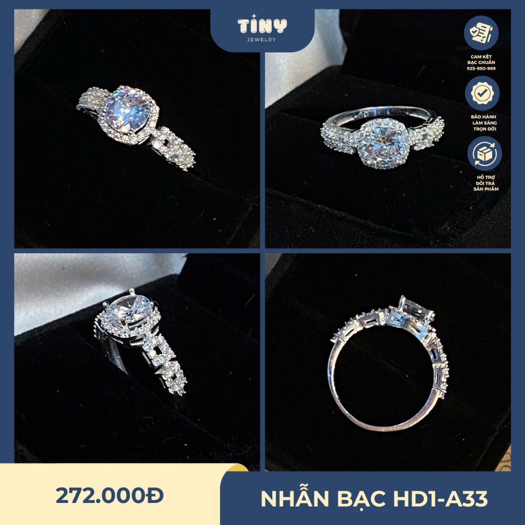 Nhẫn Bạc Nữ 950 Đính Đá Cao Cấp Sang Trọng Tiny Jewelry HD1A33