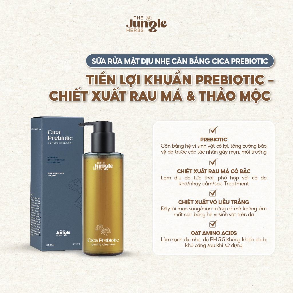 Sữa rửa mặt Rau Má Tiền Lợi Khuẩn Cica Prebiotic làm sạch dịu nhẹ - The Jungle Herbs - 135G