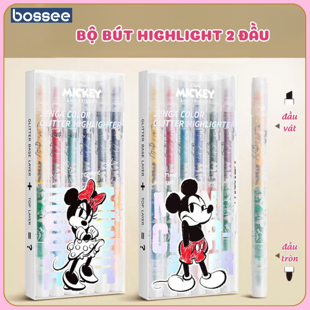 Bút Highlight Nhũ 2 Đầu – Bộ 6 Bút Ghi Chú Màu Sắc Tươi Sáng, Bút Highlight Kim Tuyến
