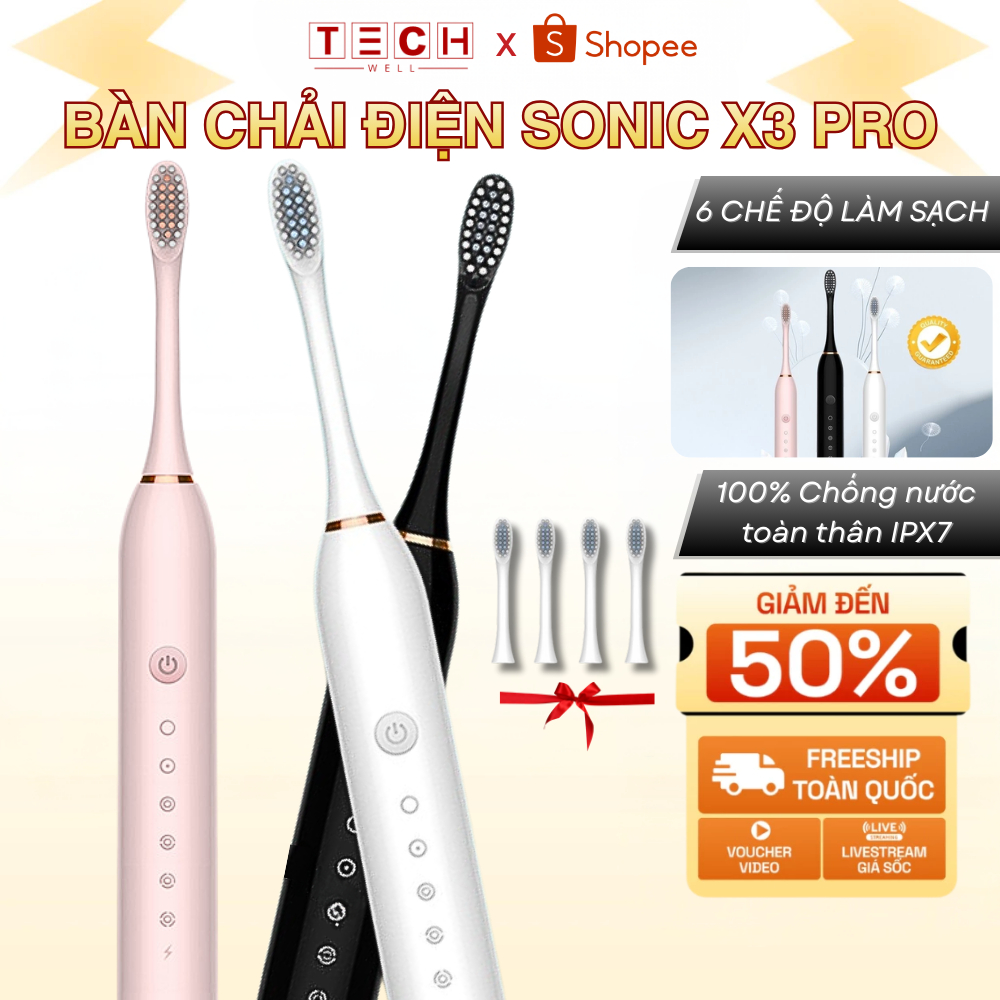 Bàn Chải Điện Đánh Răng Sonic X3 Pro Lông Mềm Chống Nước Kèm 4 Đầu Thay Thế