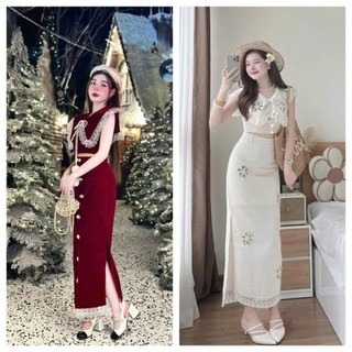  Set váy ĐỎ chất NHUNG,set váy KEM chất COTTON LẠNH áo sát tay cổ bèo viền ren có mút ngực + chân váy dáng xòe dài xẻ tà 