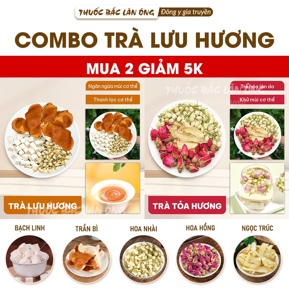 Trà lưu hương, khử mùi mix sẵn, trà thảo mộc thơm cơ thể (Bạch linh, trần bì, hoa hồng, hoa nhài,...)