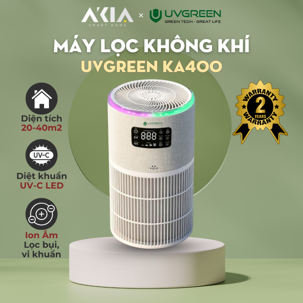 Máy lọc không khí UVGREEN KA400 - Công Nghệ UVC Ion Âm hiện đại, Diệt khuẩn lọc bụi, Khuếch tán tinh