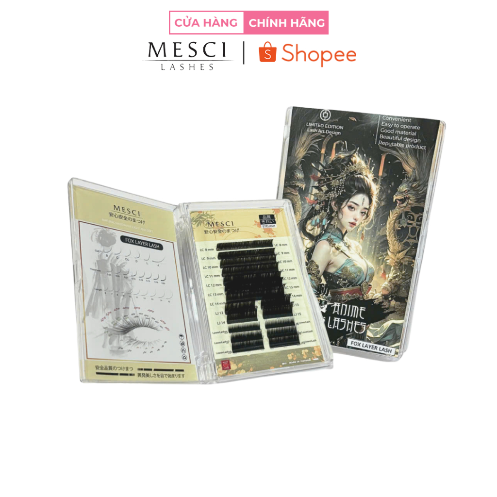 Mi Nối Fox Layer Lash Mesci – Cong Gãy LC/LJ/J Mix Size (Kèm Mi Dưới 5-9mm) Chuyên Fox Eye/Anime