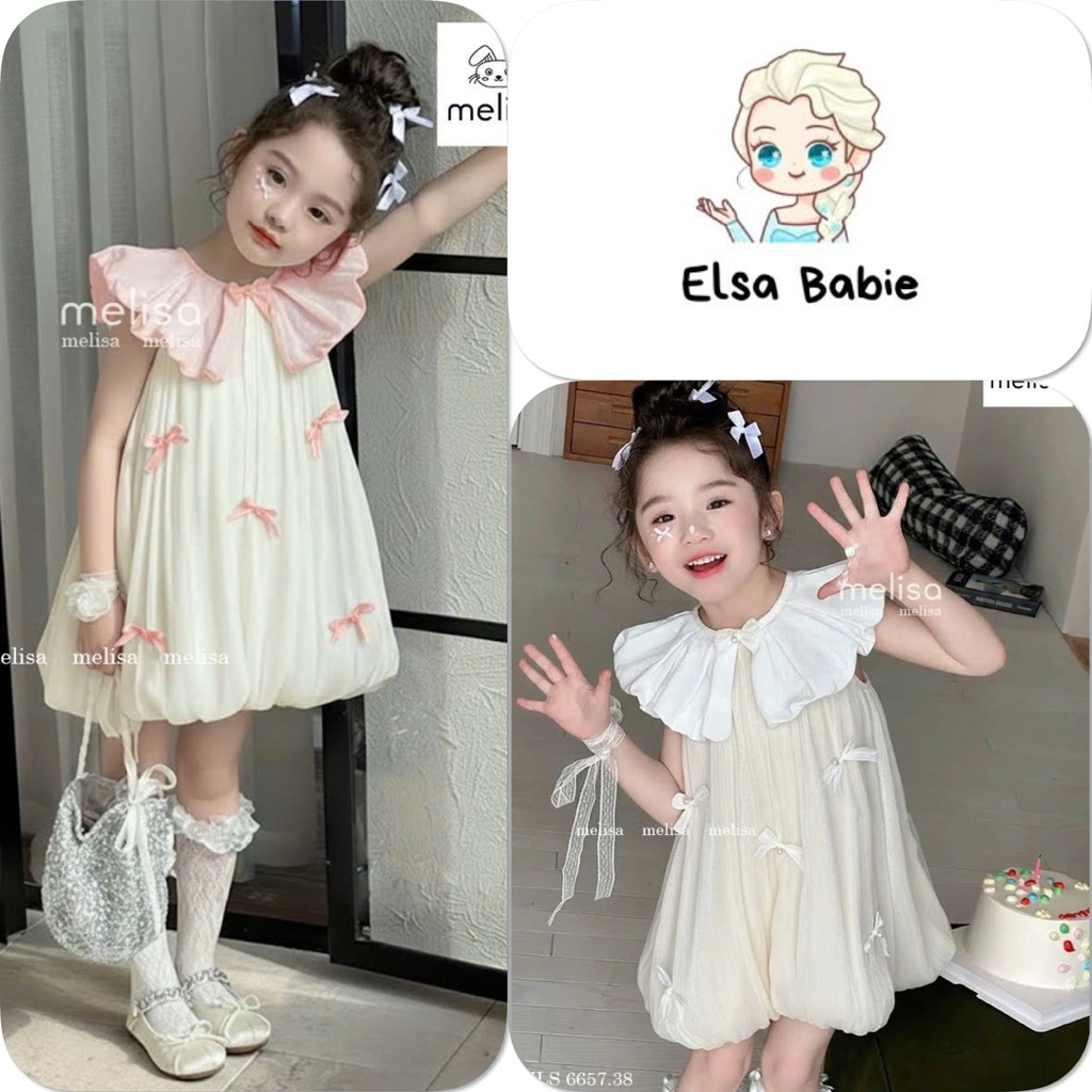 Váy công chúa ElsaBabie Váy be chất tơ dáng bí ngô đính nơ cổ bèo xinh xắn