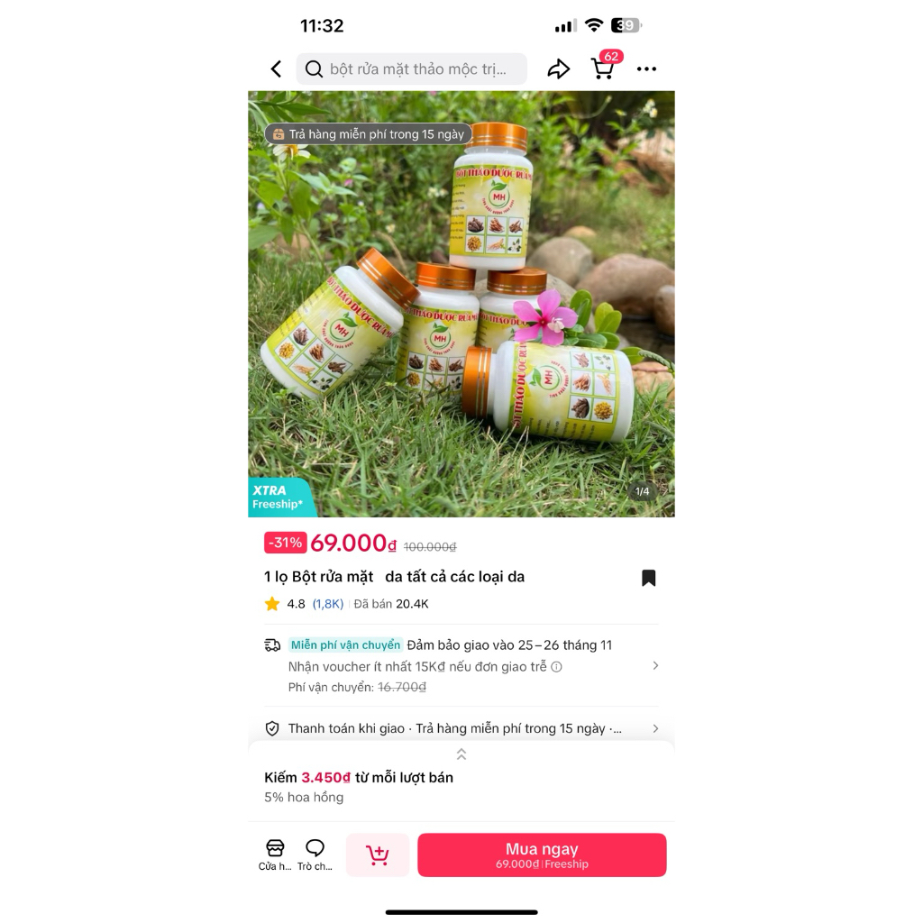 Bột rửa mặt thảo dược MH