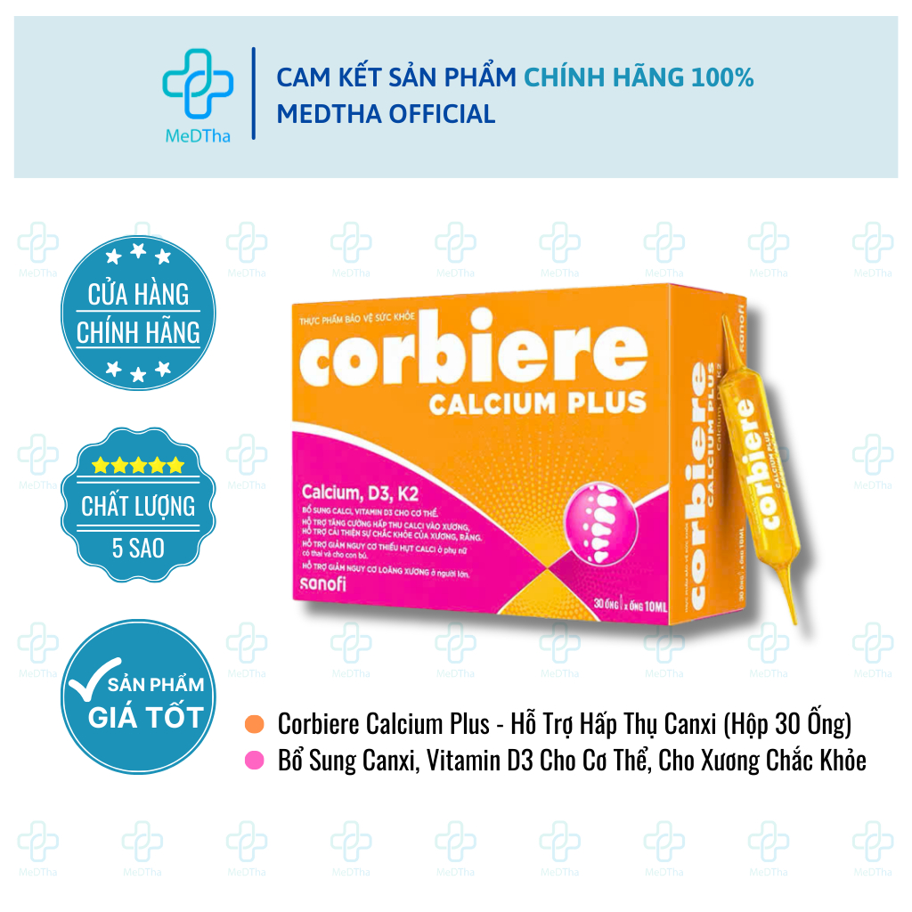 Corbiere Calcium Plus - Bổ Sung Canxi, Vitamin D3 Cho Cơ Thể, Giúp Xương Chắc Khỏe (Hộp 30 Ống)
