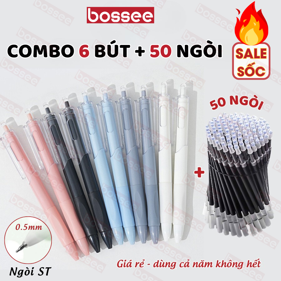 Bút mực gel COMBO 6 bút + 50 ngòi dùng cả năm, bút bi mực đen viết trơn- vỏ pastel xinh xắn nhiều màu thoải mái lựa chọn
