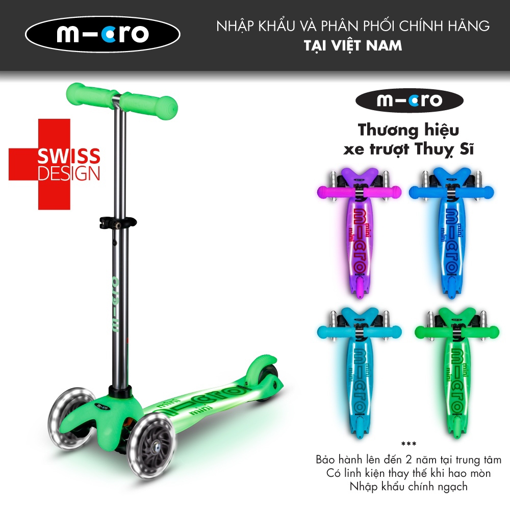 Xe scooter Micro Mini Deluxe LED Glow Plus cho bé 2-5 tuổi, hiệu ứng dạ quang - Thương hiệu Thụy Sĩ