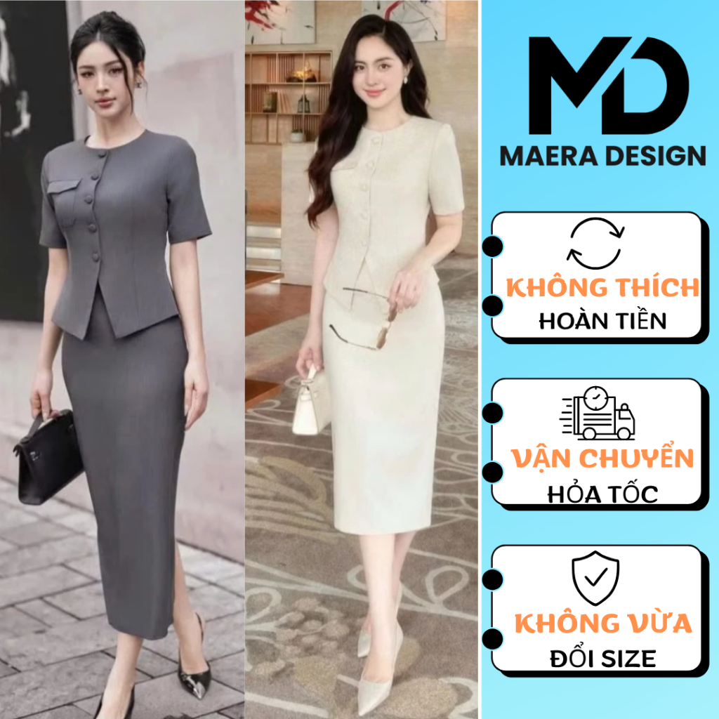 SÉT BỘ NỮ CÔNG SỞ ÁO VEST NGẮN TAY PHỐI VÁY DÀI TRẺ TRUNG THANH LỊCH - [VT24246H]