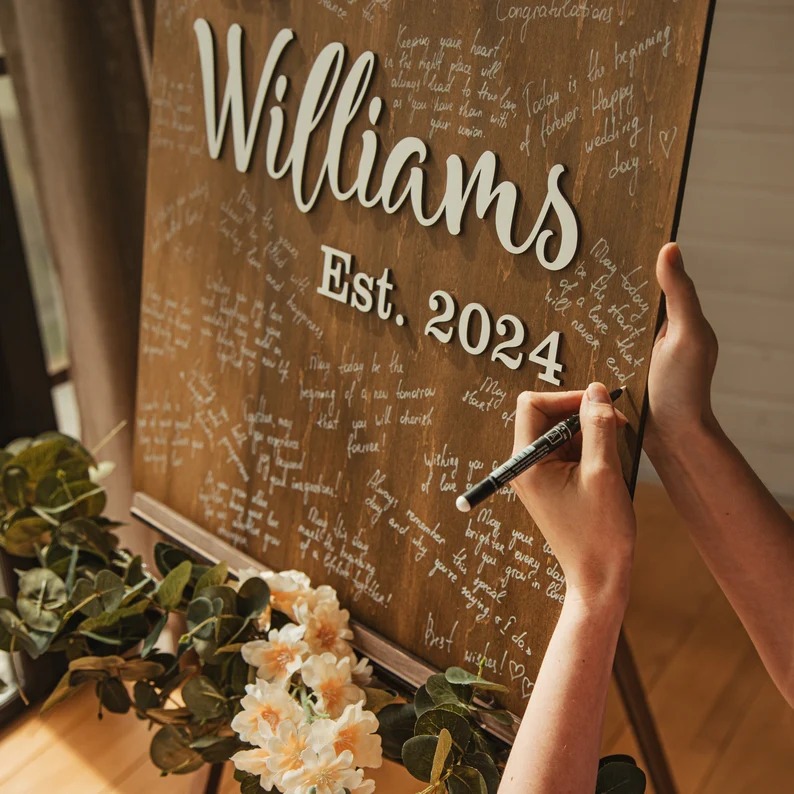 Bảng Gỗ Ký Tên Đám Cưới – Guest Book Gỗ Chữ Nổi 3D  – Trang Trí Tiệc Cưới – Khắc Tên & Năm